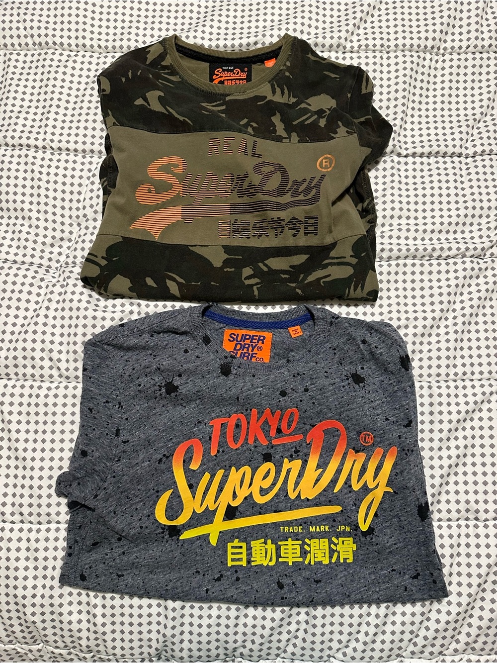 Two Superdry Short Sleeve T-Shirts Classic Script Logo and Tokyo Surf Co Script